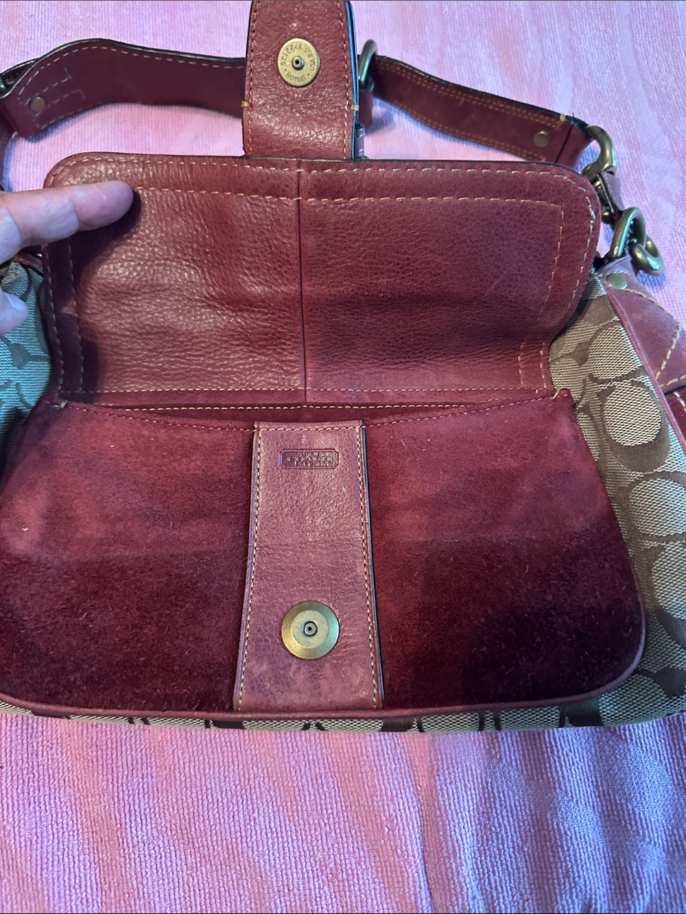 Coach Canvas Shoulder Bag with Burgundy Leather Accents - Picture 2 of 7